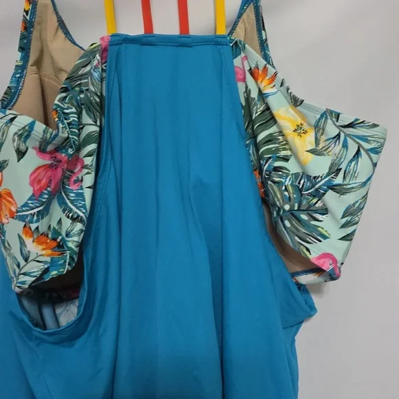 SWIM By Cacique Women's Swim TOP Bra W/Tank Overshirt Aqua Tropical Sz 28 EUC - Picture 10 of 14